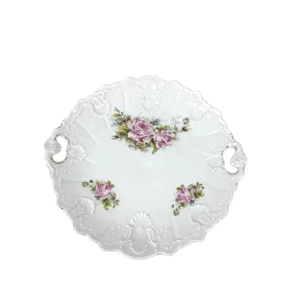VTG Porcelain Pink‎ Roses Floral Serving Plate With Handles Embossed Shabby Chic